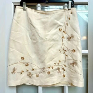 Vintage Annie Alexander Cream Linen Blend Pencil Skirt Floral Embroidery Size 10